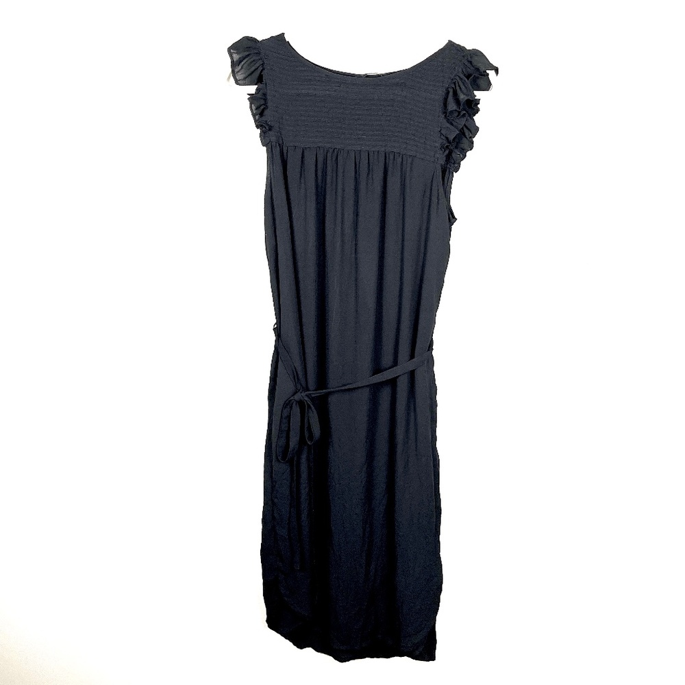 Black silky dress with pleating and ruffle sleeves